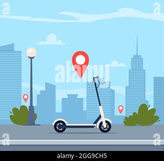 Electric scooter on street with red pin above it on the urban landscape background. Kick scooter sharing service concept vector illustration. Electric Stock Vector