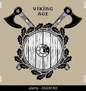 Two crossed battle Viking axes, viking shield and wreath of oak leaves Stock Vector