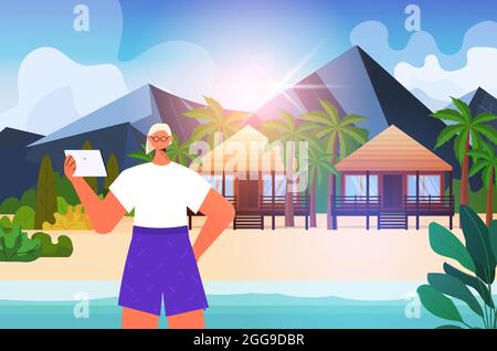 senior woman relaxing on tropical beach aged lady using tablet pc summer vacation active old age concept Stock Vector