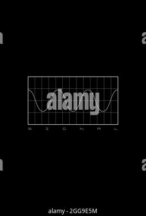 Sinusoid t-shirt and apparel design with a diagram with the sinusoid signal on grid background and title SIGNAL. The 1980s cyber aesthetics. Black and Stock Vector