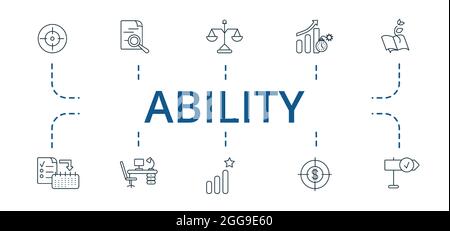 Ability icon set. Contains editable icons theme such as ambitions, stability, quick changes and more. Stock Vector