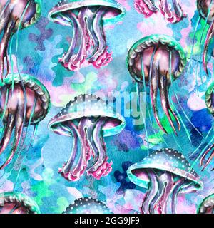 Watercolor jellyfish and algae seamless pattern, rainbow digital paper, bright colorful background Stock Photo