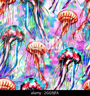 Watercolor jellyfish and algae seamless pattern, rainbow digital paper, bright colorful background Stock Photo