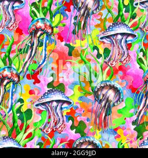 Watercolor jellyfish and algae seamless pattern, rainbow digital paper, bright colorful background Stock Photo