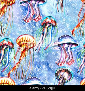 Watercolor jellyfish and algae seamless pattern, rainbow digital paper, bright colorful background Stock Photo