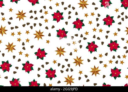 Holiday New Year and Merry Christmas Background with golden stars, cones and poinsettia flower. Vector Illustration EPS10 Stock Vector