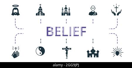 Belief icon set. Contains editable icons theme such as crucifixion, mosque, monk and more. Stock Vector