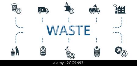 Waste icon set. Contains editable icons theme such as battery recycling, metal recycling, garbage truck and more. Stock Vector
