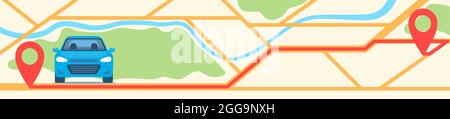 Car on city map with red pins and route between them. Horizontal banner template. GPS navigator or car sharing concept illustration, vector Stock Vector