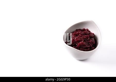 Beetroot sauce in white bowl isolated on white background Stock Photo