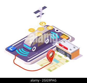 5g smart car on smartphone screen, city map with location pin, shop building, flat vector isometric illustration. Stock Vector
