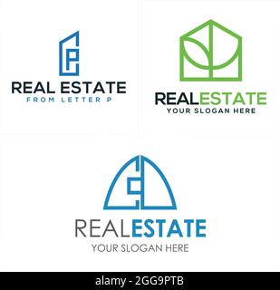 Real estate logo vector with letter P building and home leaf template vector Stock Vector