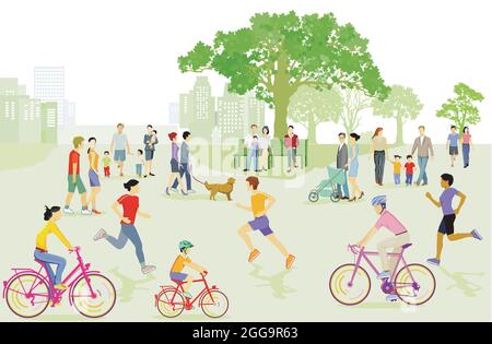Families and people at leisure in the park Stock Vector