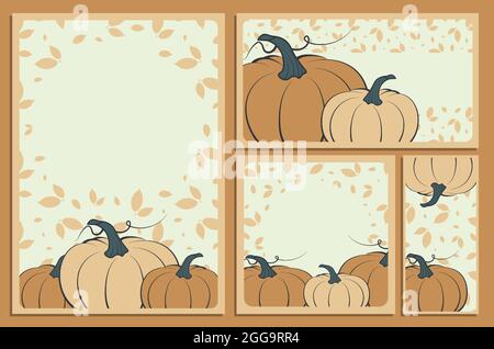 set of template invitation cards for celebration with orange pumpkin fruit. Beige shades. Frames with leaves. Vector Stock Vector