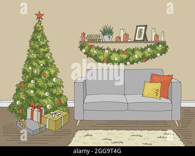 Living room graphic Christmas tree color interior sketch illustration vector Stock Vector