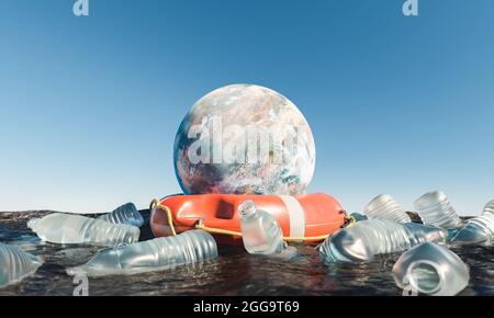 planet with lifebuoy on the surface of the sea with plastic bottles around it. concept of pollution, global warming, climate change and environment. 3 Stock Photo