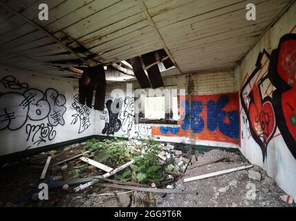 Oranienburg, Germany. 31st July, 2021. Dilapidated buildings of the former airport between Oranienburg and Leegebruch. The airfield was built in the 1930s and used by the Heinkel-Werke and the Luftwaffe of the Wehrmacht. After the end of World War II, Soviet occupation forces dismantled the facilities almost completely and used the remains of the factory airport as a military airfield. Around 2003, the newly built B 96 federal highway was built on a large section of the runway as Oranienburg's western bypass. Credit: Soeren Stache/dpa-Zentralbild/ZB/dpa/Alamy Live News Stock Photo