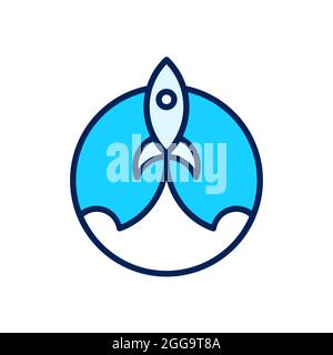 Rocket launches in space simple illustration. Space exploration or Start up concept. Rocket ship circle logo or sign with outline. Vector illustration Stock Vector