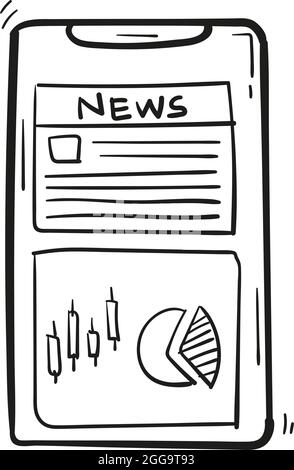 hand drawn smartphone with news icon in doodle style isolated. Stock Vector
