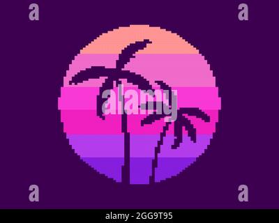 Pixel art palm trees at sunset in 80s style. 8-bit sun synthwave and retrowave. Retro 8-bit video game. Design for printing, wrapping paper and advert Stock Vector