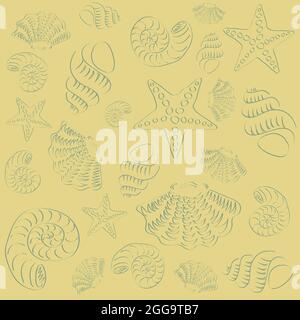 Pattern with hand drawing sea creatures shells and starfish in outline style Stock Vector