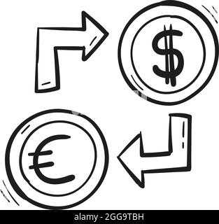 hand drawn exchange currency icon in doodle style isolated. Stock Vector