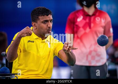 Paralympian boccia player Francis Rombouts pictured in action during the match between British Hipwell and Belgian Rombouts, the third game in the poo Stock Photo