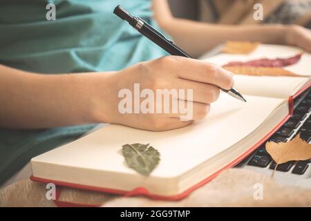 Woman writes ideas in own diary notebook sitting at home in autumn holidays, cozy autumn background Stock Photo