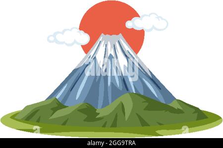Mount Fuji with Red Sun in cartoon style isolated on white background illustration Stock Vector