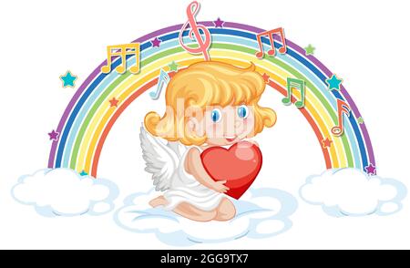 Cupid girl with melody symbols on rainbow wave illustration Stock ...