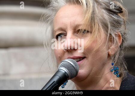 Gail Bradbrook - environmental activist and a co-founder of Extinction Rebellion - speaking at an XR demostration at the Bank of England, 27th August Stock Photo