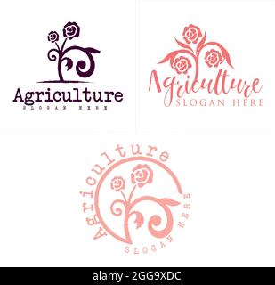 Agriculture with rose flower branch plant vector logo design Stock Vector