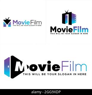 Entertainment arts movie logo with icon filmstrip and triangle play button Stock Vector