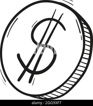 hand drawn icon coin dollar in doodle style isolated. Stock Vector