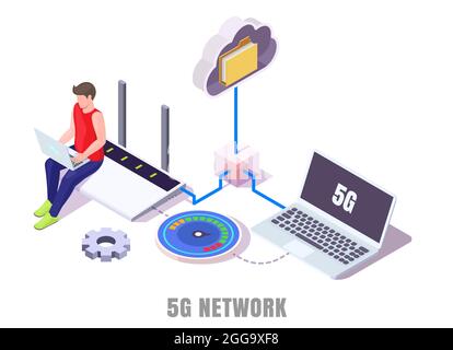 Man working on laptop, testing high speed internet, transferring data. 5g wireless network vector isometric illustration Stock Vector