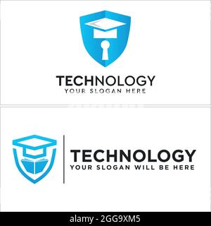 Technology logo with shield graduation cap and book icon vector Stock Vector