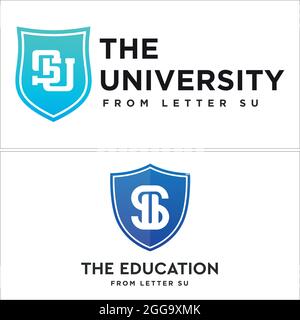 Shield education university badge logo with letter SU icon vector Stock Vector