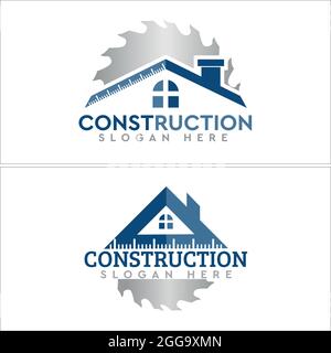 Construction with home roof and circular saw vector logo Stock Vector
