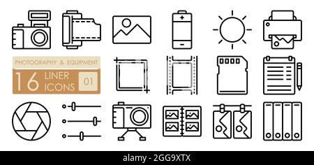 Equipment for photography and film processing. Printing of finished photos. Camera, film, memory card, lens. Set of simple linear icons Stock Vector