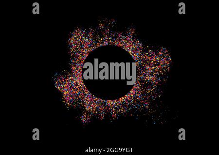 Colorful Frame Explosion Of Confetti. Grainy Abstract Multicolored Texture Isolated On Black Background. Space For Text. Vector Illustration, Eps 10. Stock Vector