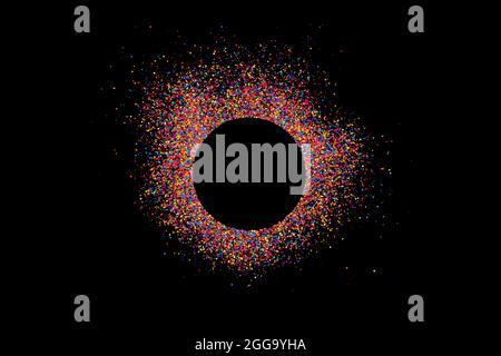 Colorful Frame Explosion Of Confetti. Grainy Abstract Multicolored Texture Isolated On Black Background. Space For Text. Vector Illustration, Eps 10. Stock Vector
