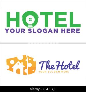 Food store business lodging with icon cheese and home combination lettering Stock Vector