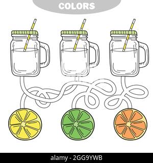 Coloring. Puzzle and activity for children. Go through the maze and color the lemonade with the correct fruit color. Stock Vector