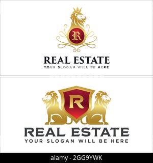 Gold luxury shield lion logo design real estate Stock Vector