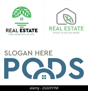 Real estate with green leaf home line art vector logo design Stock Vector