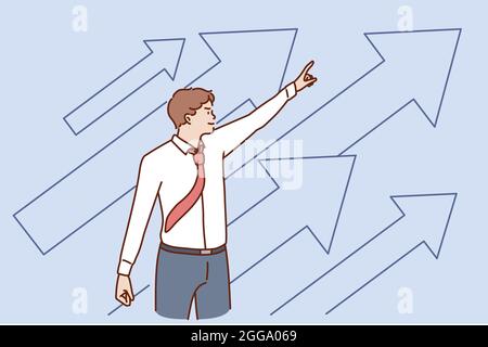 Business development and success concept. Young positive businessman standing pointing up with arrows feeling confident with growth and development vector illustration Stock Vector