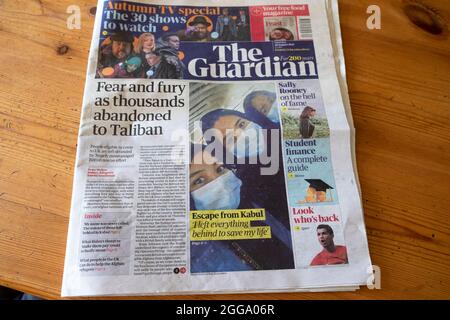 newspaper headline front page Afghanistan  'Fear and fury as thousands abandoned to Taliban' Kabul airport on 28 August 2021  London UK Stock Photo