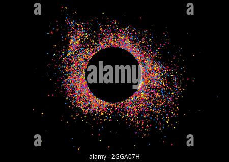 Colorful Frame Explosion Of Confetti. Grainy Abstract Multicolored Texture Isolated On Black Background. Space For Text. Vector Illustration, Eps 10. Stock Vector