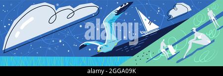 Flying seagull over the sea against the background of the starry sky, yacht and people who are resting. wide banner Stock Vector
