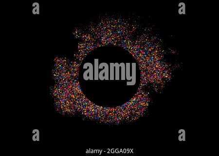 Colorful Frame Explosion Of Confetti. Grainy Abstract Multicolored Texture Isolated On Black Background. Space For Text. Vector Illustration, Eps 10. Stock Vector